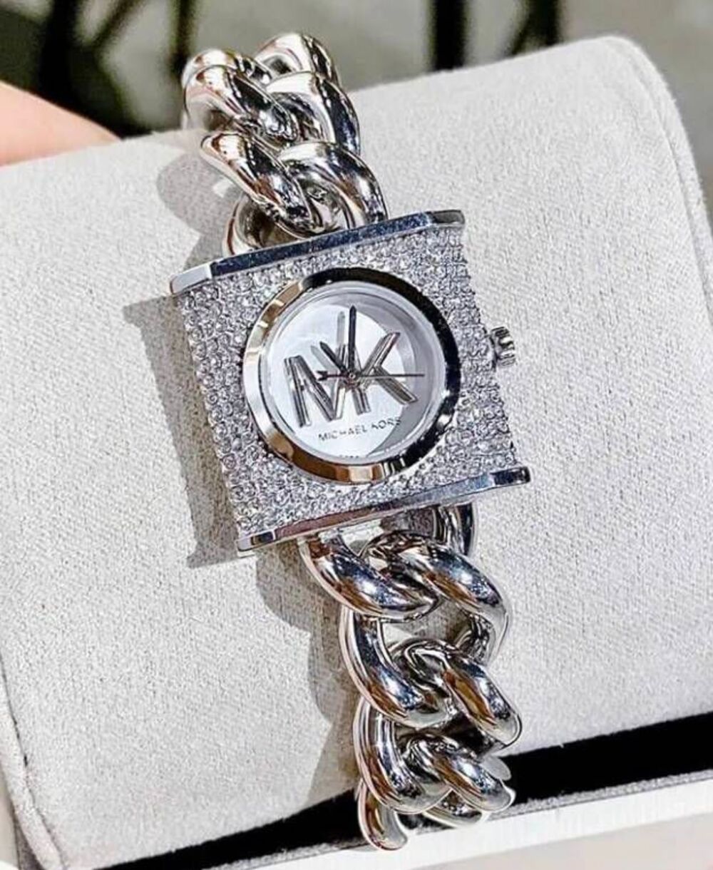 MICHAEL KORS MK-4718 Silver Crystal Chain Lock Quartz 25mm Bracelet Watch